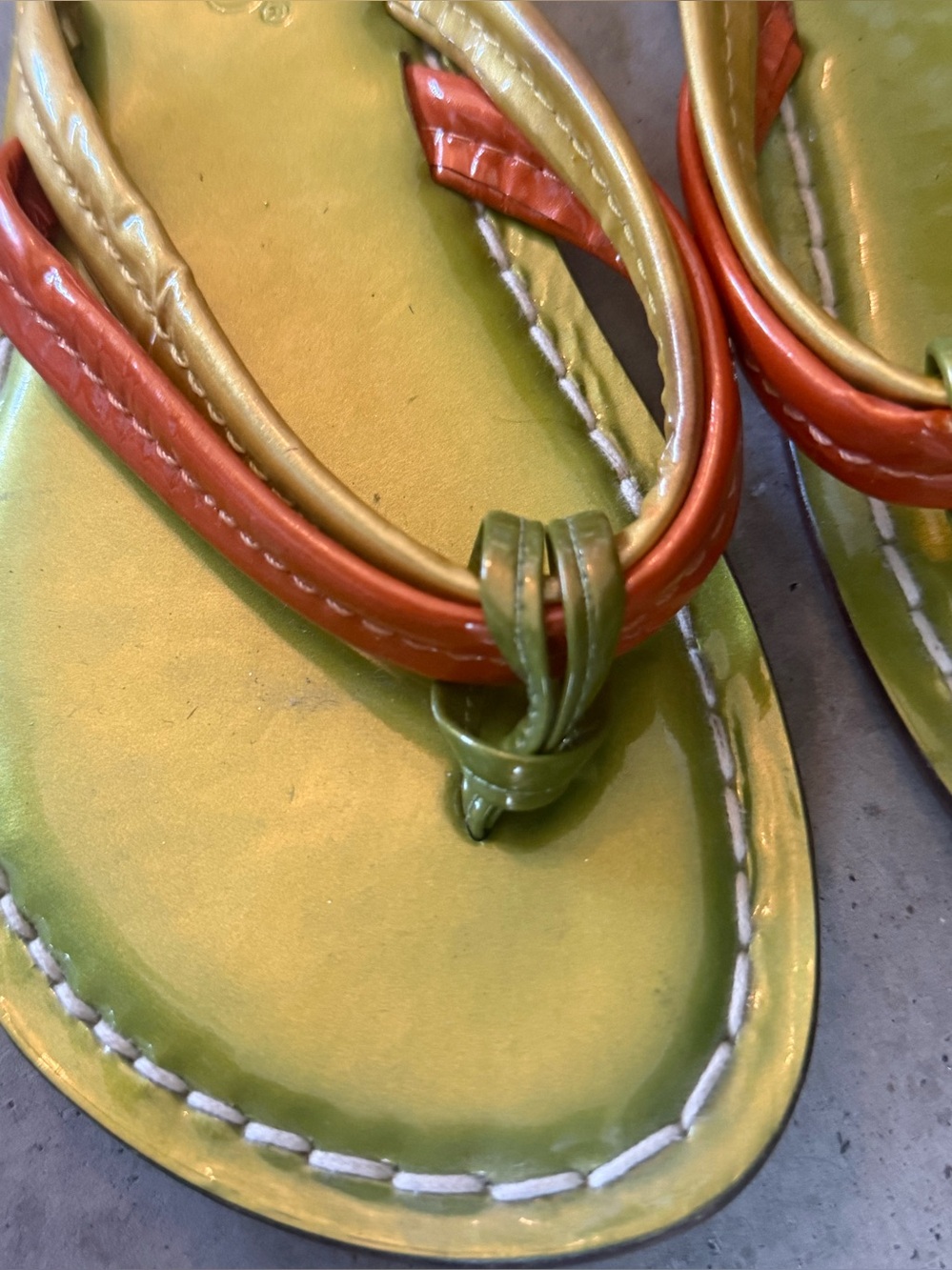 Bernardo Green Flip Flops with Orange & Gold Straps - Picture 3 of 9